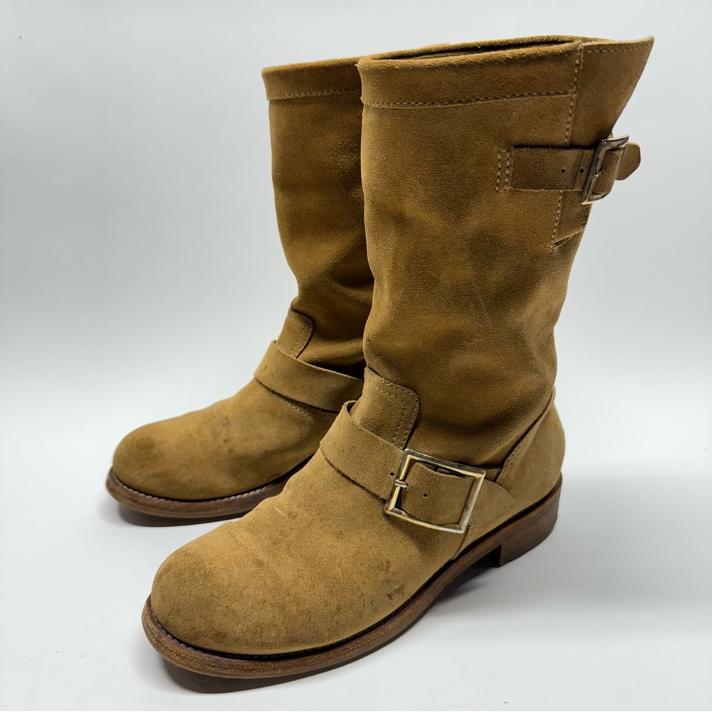 Jimmy Choo Tan Suede Mid-Calf Buckle Engineer Boots Women Size 37.5